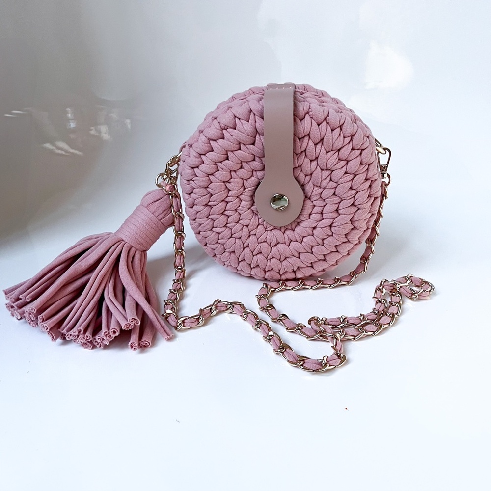 NEW Knit Boho Crotchet Small Round Shoulder Bag Dusty Pink Rose Handmade